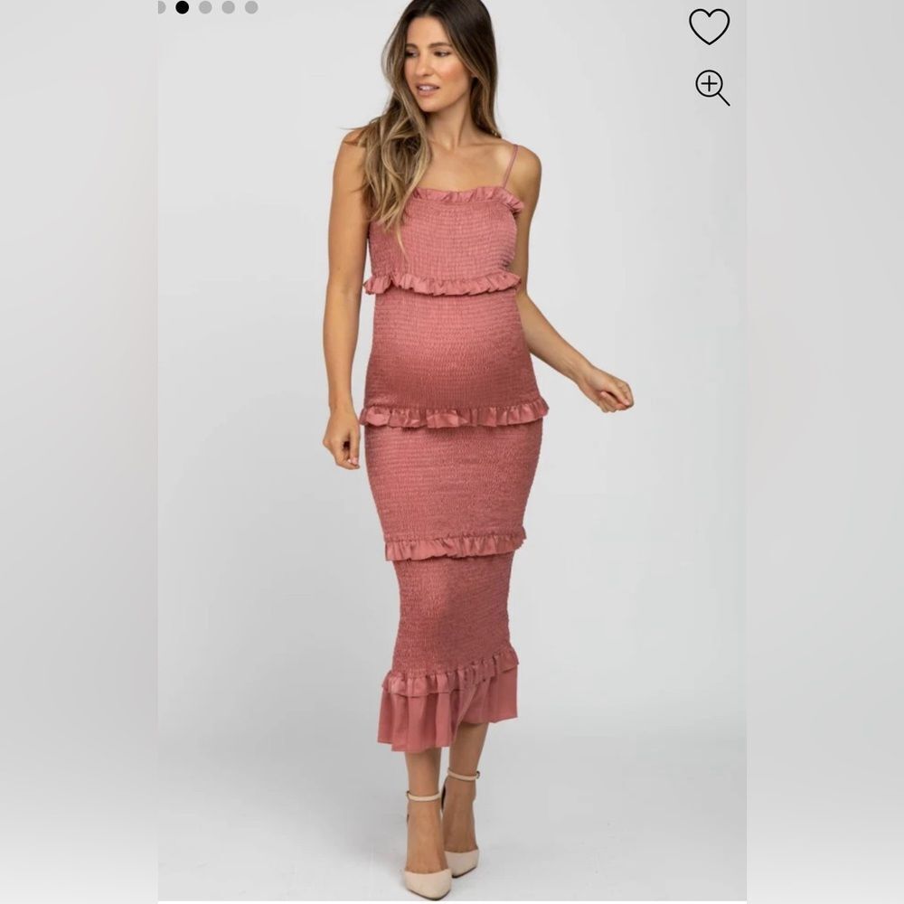 Maternity Mauve Satin Smocked Fitted Maternity Midi Dress - Size Medium